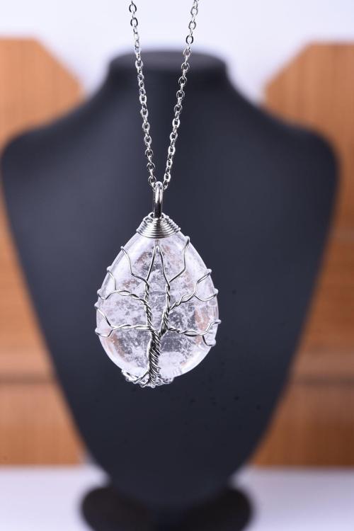 Kristal Kuvars Doğal Taş Tel Sarmalı Damla Kolye Tky0337