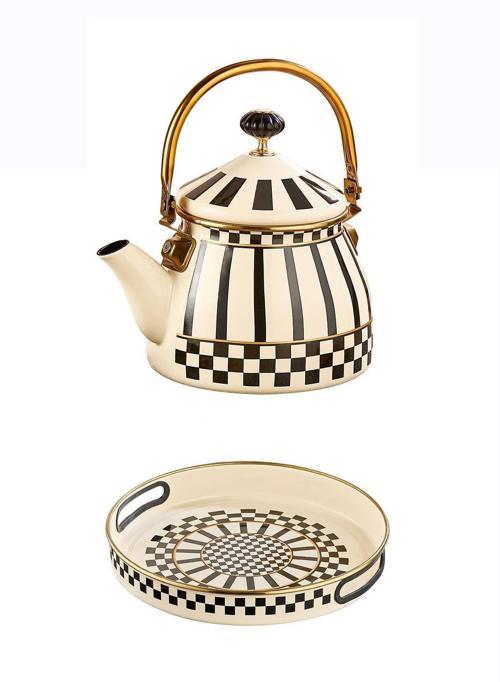 Prime Cream Emaye Bitki Çayı Demliği ve Emaye Servis Tepsisi 28 CM