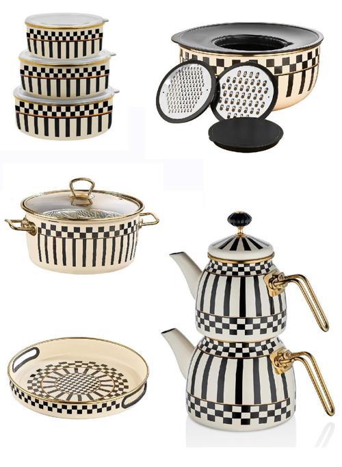 Emaye Çaydanlık  - Tepsi 28 CM -  Karıştırma Kabı - Kızartma Tenceresi ve 3lü Saklama Kabı