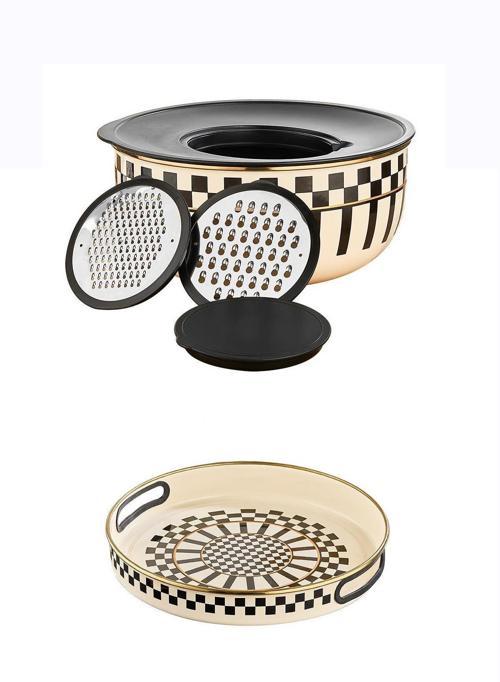 Prime Cream 5 Parça Rendeli Saklama ve Karıştırma Kabı – 24 CM ve Emaye Servis Tepsisi 28 CM