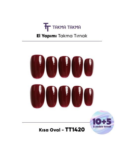 15'li Bordo Kısa Oval TT1420 Tekrar Kullanılabilir El Yapımı Protez Takma Tırnak Bordo-M