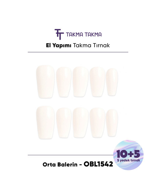 15'li Krem Rengi Orta Balerin OBL1542 Tekrar Kullanılabilir El Yapımı Protez Takma Tırnak Krem Rengi-Krem-L