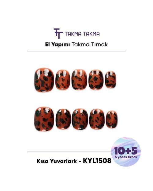 15'li Kahverengi Kısa Yuvarlak KYL1508 Tekrar Kullanılabilir El Yapımı Protez Takma Tırnak Kahverengi-XS