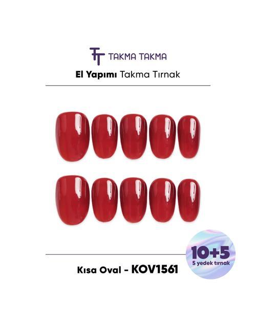 15'li Kırmızı Kısa Oval KOV1560 Tekrar Kullanılabilir El Yapımı Protez Takma Tırnak Kırmızı-S