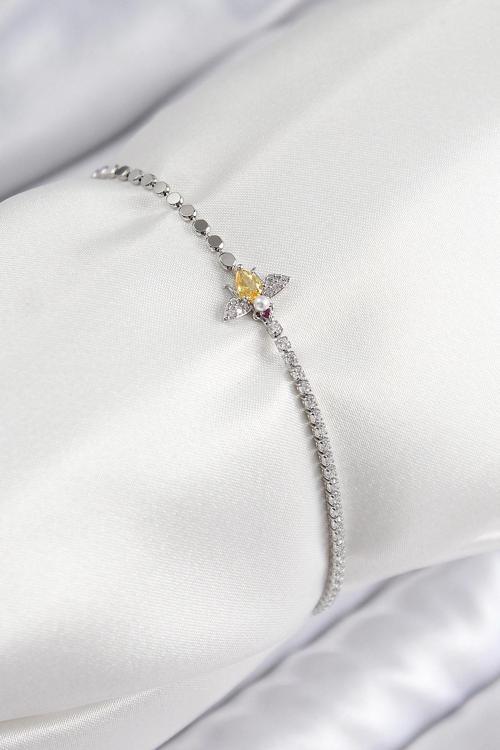 BFS Pirinç Zirkon Taşlı Arı Model Ezme Zincir Gümüş Renk Kadın Bileklik