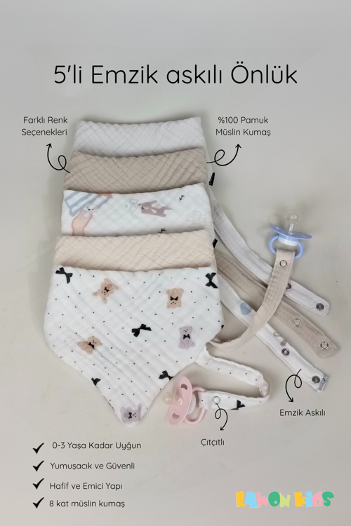 5'li %100 Pamuk 8 Katlı Müslin Emzik Askılı Kız Erkek Bebek Salya Ve Mama Önlüğü & Fular