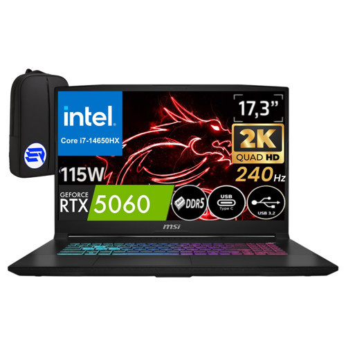 Msi Katana 17 Hx B14WFK-248XTR I7-14650HX 16GB 1tb SSD RTX5060 115WATT 17.3'' 2k Qhd 240Hz WIN11 Pro + Elektropasaj Çant