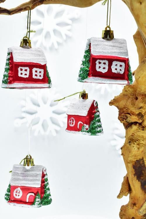 Premium Collection 4lü Beyaz Çatılı Ev Süs Yılbaşı Süsü