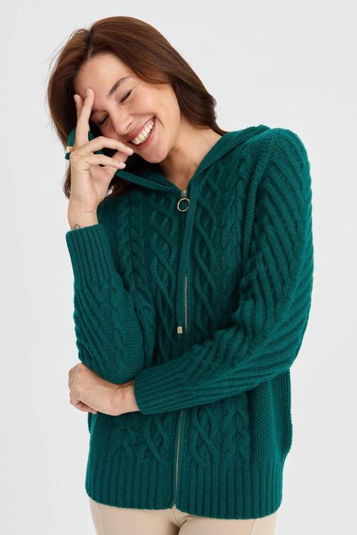 Kapüşonlu Saç Yürütme Örgülü Kadın Yün Hırka 23198