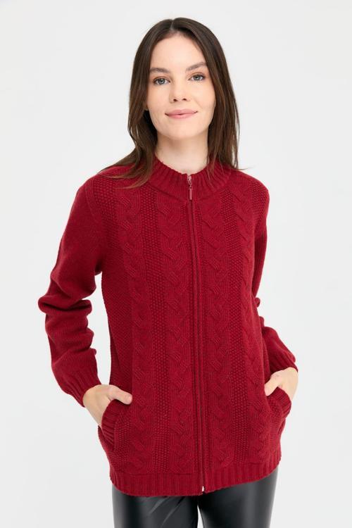 Dik Yaka Dikişsiz Önü Saç Örgülü Kadın Yün Hırka 24268