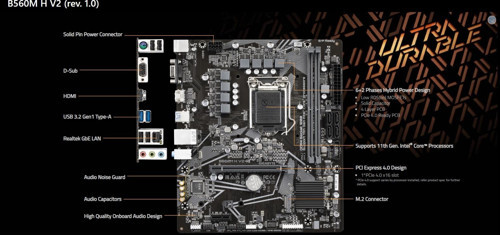 GIGABYTE B560M H V2 1.0 B560 DDR4 Vga GLan mATX HDMI USB3 M2 1200Pv2 Anakart