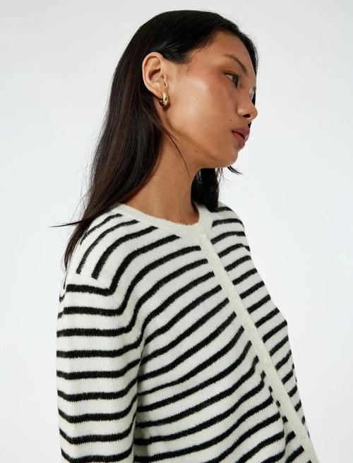 Düğmeli Bisiklet Yaka Çizgili Kadın Triko Hırka 6WAL90019IT