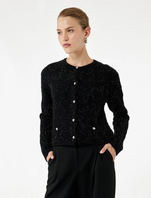 Düğmeli Metalik İplik Detaylı Kadın Triko Hırka 6WAK90047HT