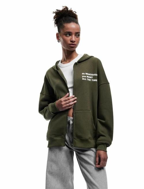 Şardonlu Baskılı Fermuarlı Kapüşonlu Kadın Oversize Sweatshirt 6WAL10142IK