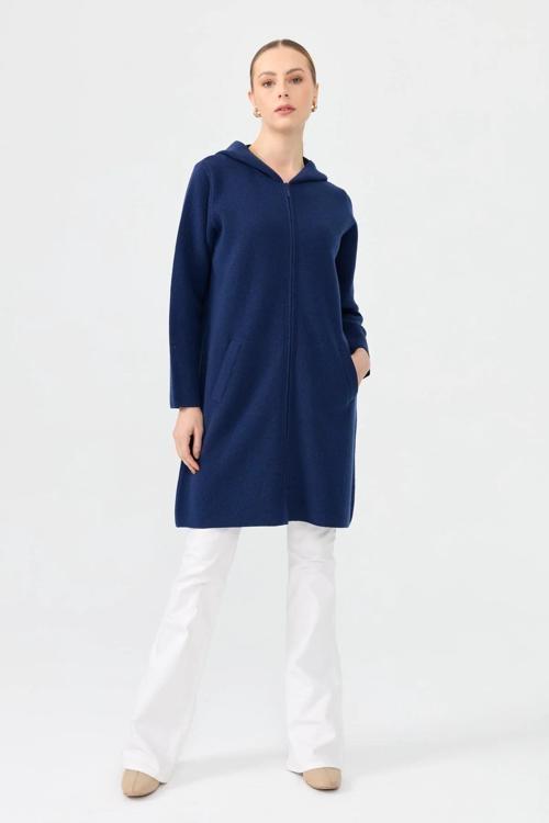 Kapüşonlu Fermuarlı Basic Uzun Kadın Yün Hırka 24044