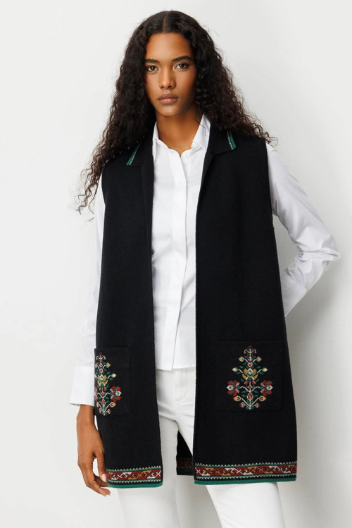 Polo Yaka Etek Ucu Kilim Desenli Uzun Kadın Yün Yelek 25055