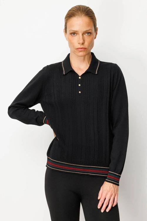 Polo Yaka Simli Çizgili Kadın Yün Bluz 25080D