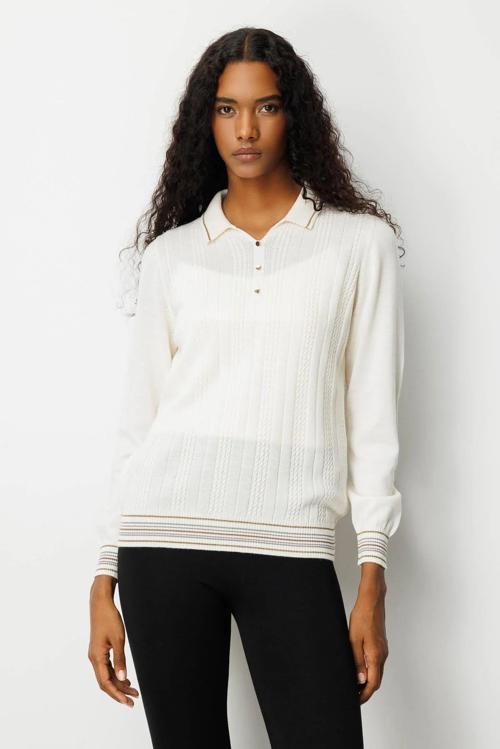 Polo Yaka Simli Çizgili Kadın Yün Bluz 25080D