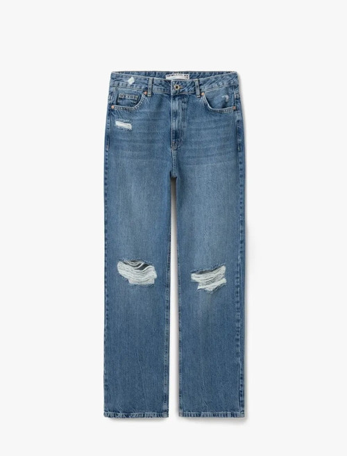 Yüksek Bel Yıpratma Detaylı Pamuklu Kadın Denim Pantolon 5SAL40016MD