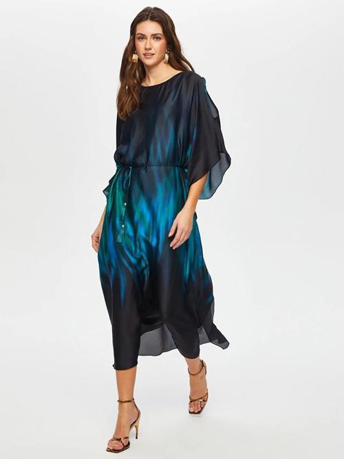 Desenli İpek Tuşeli Uzun Kadın Abiye Elbise US25ABY021