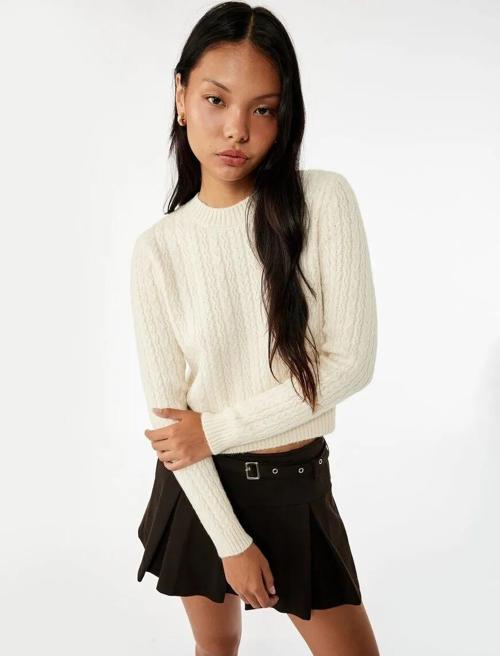 Saç Örgüsü Detaylı Bisiklet Yaka Kadın Triko Kazak 6WAL90039HT