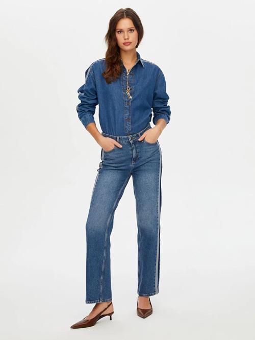 Kontrast Bant Detaylı Wide Leg Fıt Kadın Jean Pantolon W26JPN004