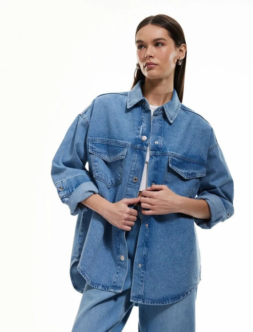Taş Detaylı Uzun Kollu Relax Fit Pamuklu Kadın Denim Ceket 5SAL50005MD