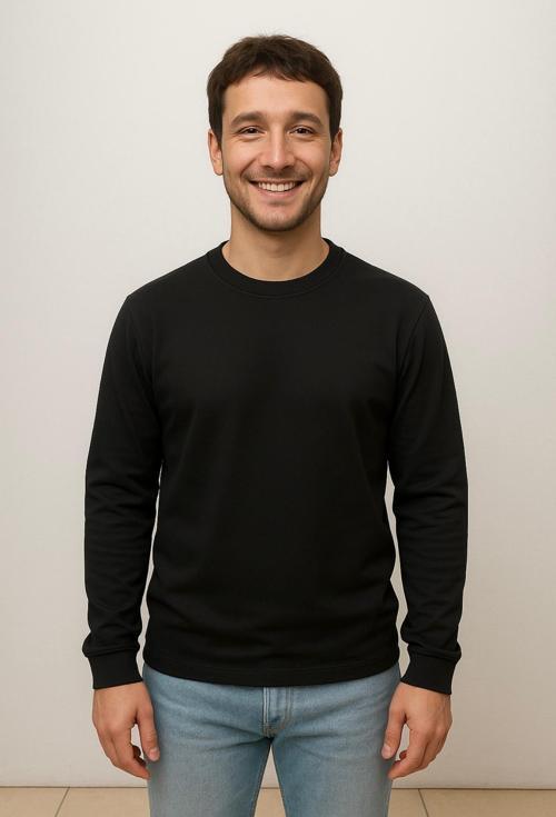 Erkek Siyah Sweatshirt-W1083 2 İplik Şardonsuz