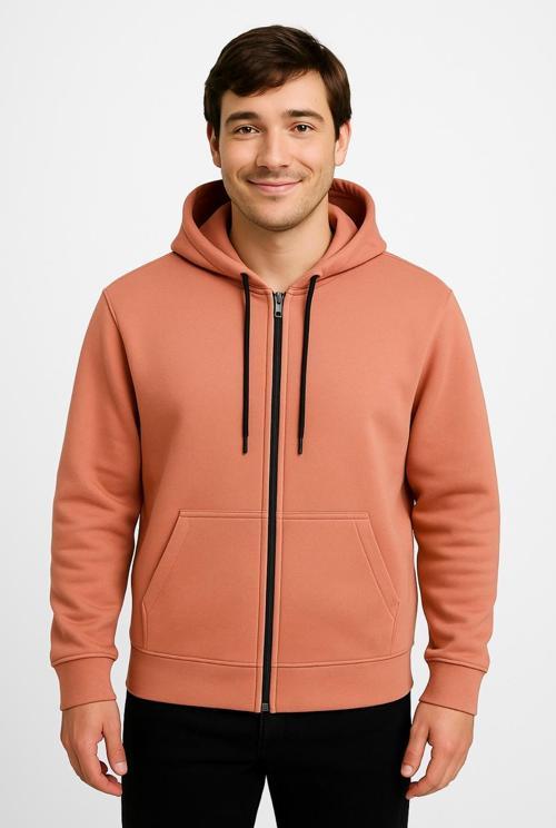 Erkek Somon Fermuarlı Kapüşonlu Sweatshirt 3 İplik Şardonlu-W590