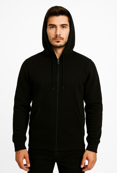 Erkek Siyah Fermuarlı Kapüşonlu Sweatshirt 3 İplik Şardonlu-W590