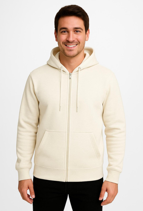 Erkek Krem Fermuarlı Kapüşonlu Sweatshirt 3 İplik Şardonlu -W590