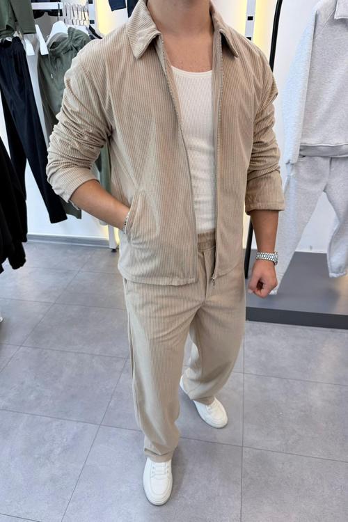 Slimfit Yakalı Astarlı Yan Cep Baggy Pantolonlu Kadife Takım