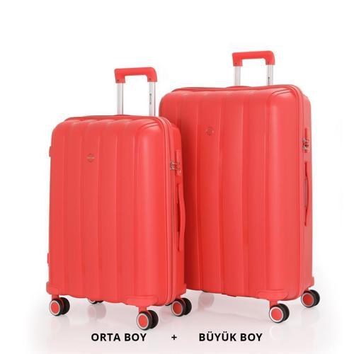 Bavul Büyük ve Orta 2li Set Kırılmaz Silikon Valiz V305 Mercan