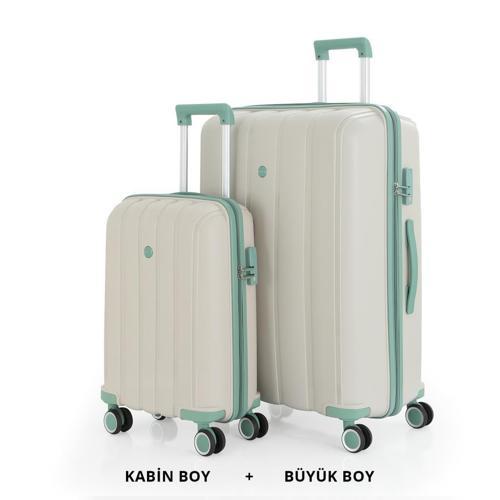 Bavul Büyük ve Kabin 2li Set Kırılmaz Silikon Valiz V305 Kemik/SuYeşili