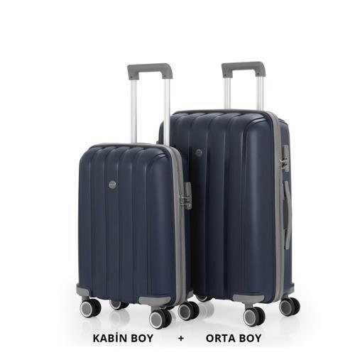 Bavul Orta ve Kabin 2li Set Kırılmaz Silikon Valiz V305 Laci/Gri