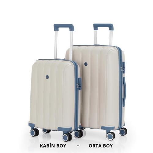 Bavul Orta ve Kabin 2li Set Kırılmaz Silikon Valiz V305 Kemik/SkyBlue