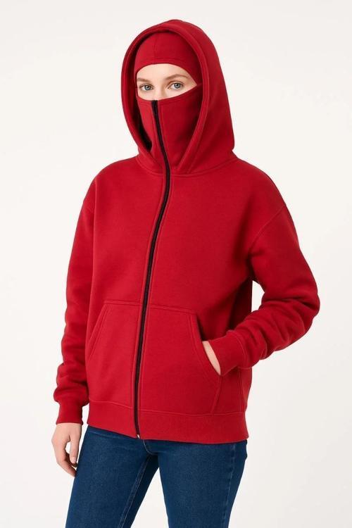 Kadın Samuray Ninja Çift Kapşonlu ZIP Fermuarlı Kanguru Çepli Hoodie Maske detaylı Swetshirt - Kırmı