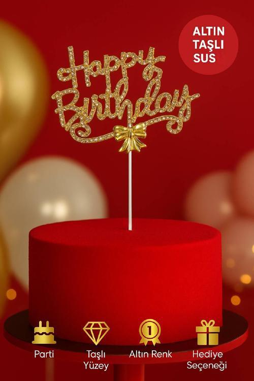Altın Renkli Taşlı Happy Birthday Pasta Süsü – Işıltılı Metal Dekor Doğum Günü Aksesuarı