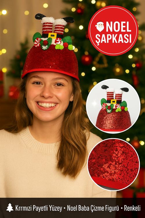 Kırmızı Payetli Noel Şapkası – Çizme Figürlü, Ponpon ve Fiyonk Detaylı Her Yaşa Uygun Parti Aksesuarı