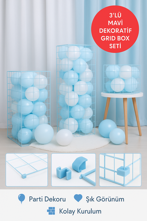 3’lü Mavi Plastik Grid Box Seti | Dekoratif Balon Kutusu | Baby Shower & Doğum Günü Süsü