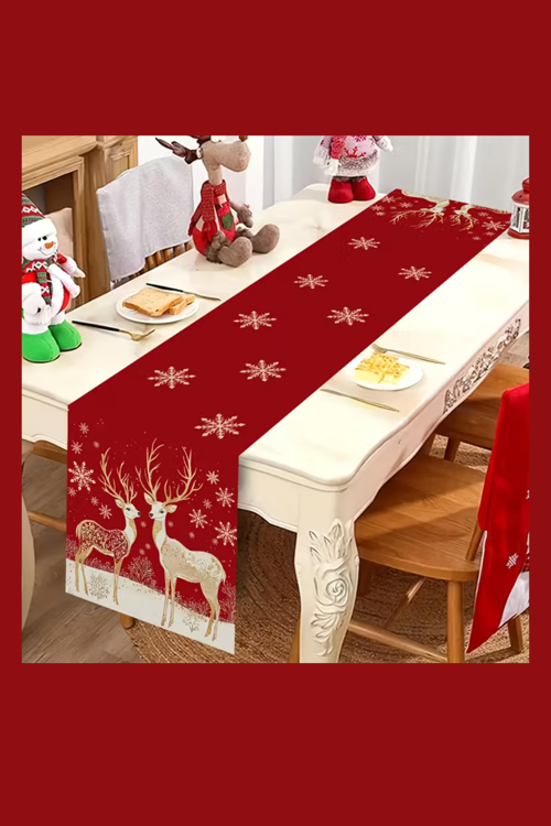 Bordo Altın Noel Masa Örtüsü | Geyik ve Kar Tanesi Desenli Dikdörtgen Yılbaşı Sofra Dekoru (1 Adet)