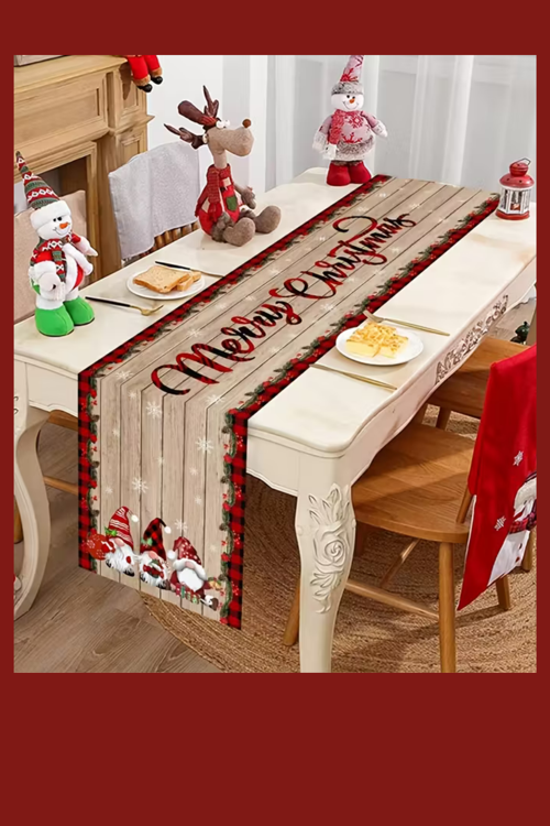 Noel Masa Örtüsü 35x180 cm | Kırmızı Yeşil Cüce ve Kar Taneli Desen | Dayanıklı Polyester Yılbaşı Masa Dekoru