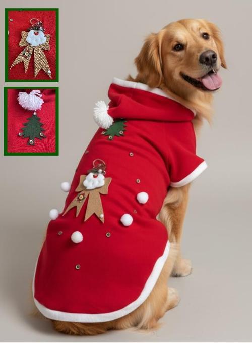 Santa Bow Kırmızı Yılbaşı Köpek Kıyafeti | Noel Baba Kapüşonlu Polar Sweatshirt | Orta ve Büyük Irklar İçin