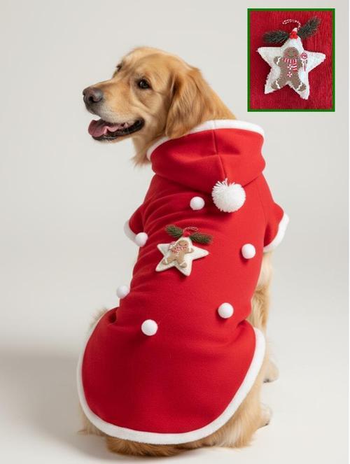 White Star Kırmızı Yılbaşı Köpek Kıyafeti | Noel Baba Kapüşonlu Polar Sweatshirt | Orta ve Büyük Irklar İçin