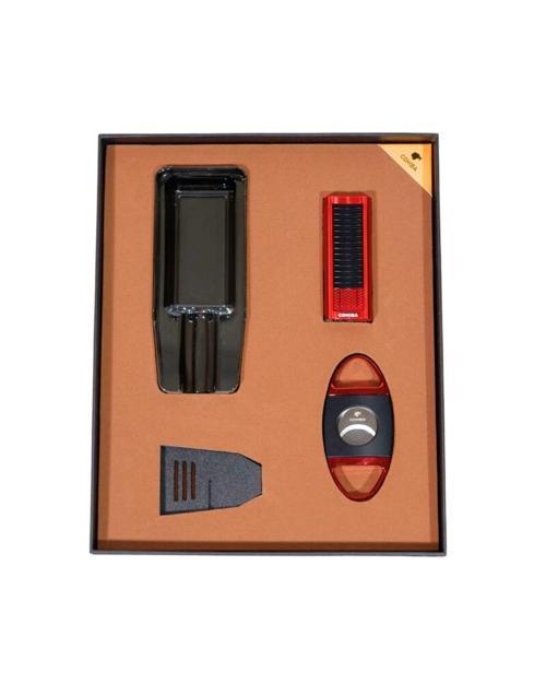 Çakmak Kesici Küllük Sehpa Dörtlü Kırmızı-Siyah Puro Seti CST0269