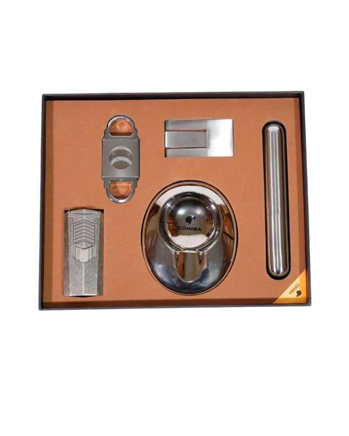 Çakmak Kesici Tüp Küllük Sehpa Beşli Gümüş Puro Seti CST0263