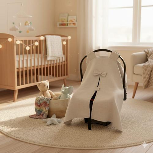 Müslin Kumaş Krem Rengi Puset Örtüsü %100 Pamuk Kum Rengi Bebek Puset Örtüsü Kelebek Detay Puset Örtüsü