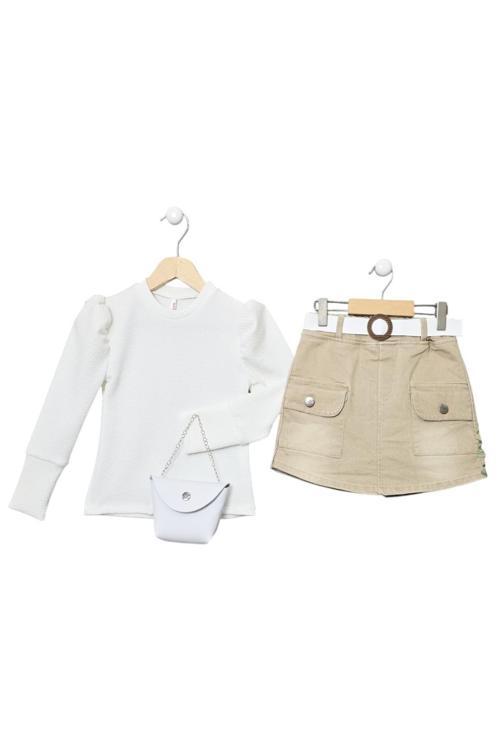 Bej Danteli Triko Kız Çocuk Ceket Etek Takım 1028