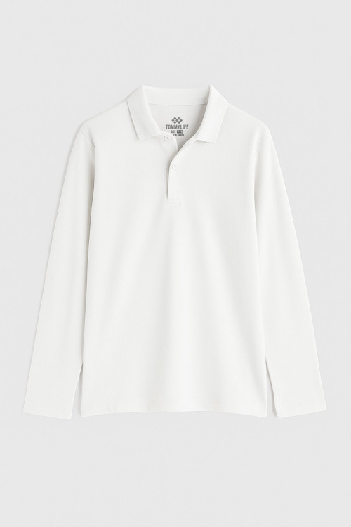 Beyaz Polo Yaka Basic Uzun Kollu Erkek Çocuk T-Shirt - 11170