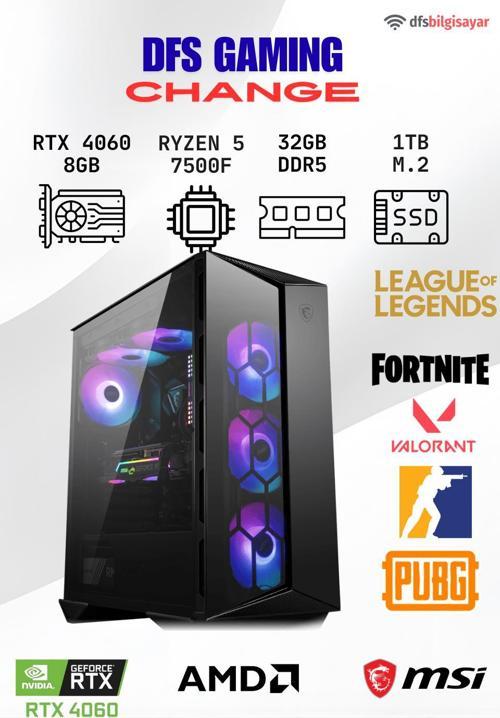 DFS GAMING CHANGE RYZEN 5 7500F-B650M-RTX 4060-32GB DDR5 RAM-1TB M.2 SSD-OYUNCU BİLGİSAYARI